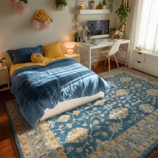 Kék kazak szőnyeg a hálószobában